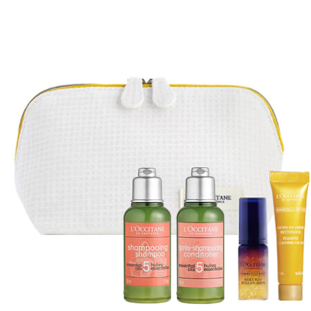 L'Occitane Divine Set 2020 With Pouch ภายในประกอบไปด้วย  L'occitane Immortelle Divine Mousse En Creme Nettoyante Foaming Cleansing Cream 14 ml  L'occitane Immortelle Reset Overnight Reset Oil-In-Serum 5ml  L'Occitane Set Essential Oils Shampoo 50 ml + Essential Conditioner Oils 50 ml กระเป๋า 1 ใบ